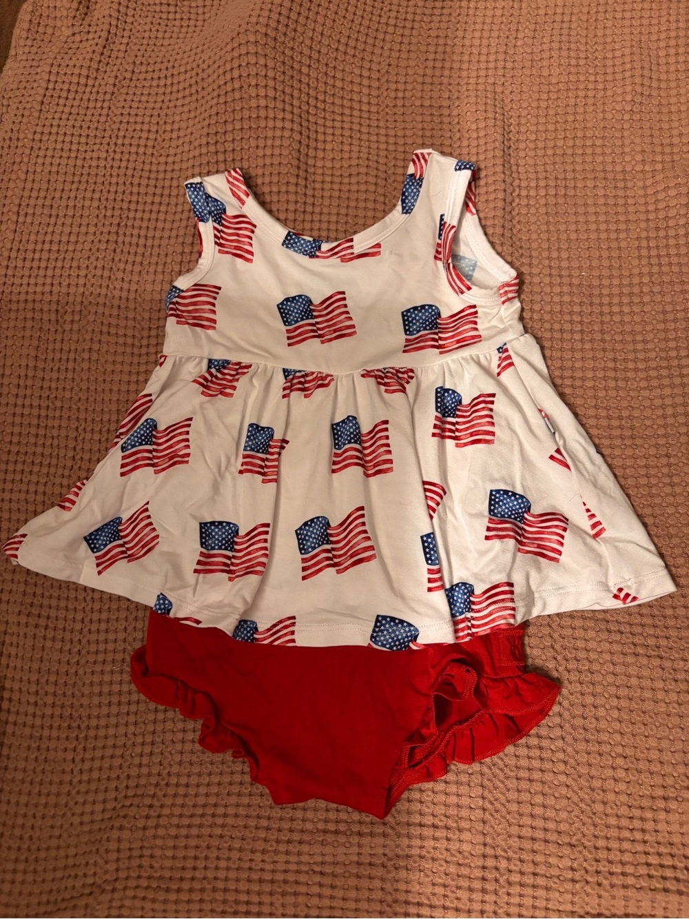 Patriotic Red & White Girls Matching Set - Flag Print Tank Top with Red Bloomer